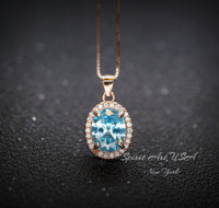 Aquamarine Necklace - Sterling Silver Rose Gold Halo Blue Aquamarine Pendant 18kgp @ Sterling Silver March Birthstone Adjustable Chain #316