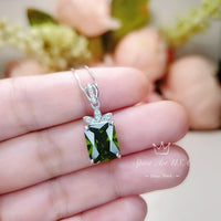 Rectangular Peridot Necklace - White Gold Sterling Silver Gemstone Flower Green Peridot Pendant - August Birthstone #966