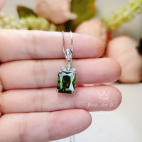 Rectangular Peridot Necklace - White Gold Sterling Silver Gemstone Flower Green Peridot Pendant - August Birthstone #966