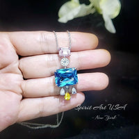 Geometric Scissor Blue Topaz Necklace - Sterling Silver Tassel Dangle Blue Topaz Pendant - White Gold coated #909
