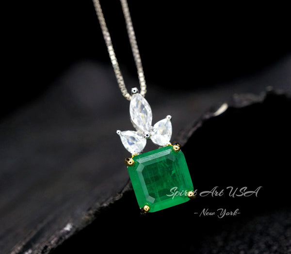 Square Cut Emerald Necklace ‐ May Birthstone Jewelry, 18K Gold Plated Sterling Silver Pendant, Adjustable Chain Gift #462