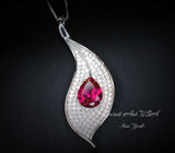 Ruby Necklace - Large Single Gemstone Leaf Necklace - 18KGP @ Sterling Silver - 3 CT Teardrop Red Ruby Jewelry - Large Ruby Pendant #894