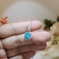 Tiny Square Blue Aquamarine Necklace Sterling Silver Cubic Zirconia Circle March Birthstone 051