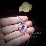 Pink Tourmaline Necklace - Hold Your Heart Pendant - 18KGP @ Sterling Silver - Blue Sapphire Style - Round Cut Pink Tourmaline Pendant #594