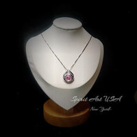 Pink Tourmaline Necklace - Hold Your Heart Pendant - 18KGP @ Sterling Silver - Blue Sapphire Style - Round Cut Pink Tourmaline Pendant #594