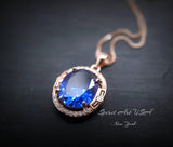 Rose Gold Blue Sapphire Necklace 4.5 CT Oval Royal Blue Gemstone Gemstone Halo Sterling Silver Pendant September Birthstone #745