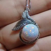 Gemstone Mermaid White Opal Necklace Sterling Silver White Gold Fish Tail Opal Pendant #935