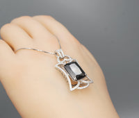 Large Black Cubic Zirconia Necklace - Sterling Silver Black Protective Gemstone Jewelry 18KGP Royal Flower Rectangle CZ Pendant 1028