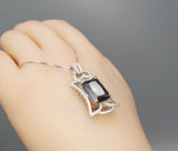 Large Black Cubic Zirconia Necklace - Sterling Silver Black Protective Gemstone Jewelry 18KGP Royal Flower Rectangle CZ Pendant 1028
