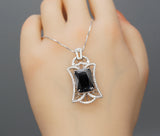 Large Black Cubic Zirconia Necklace - Sterling Silver Black Protective Gemstone Jewelry 18KGP Royal Flower Rectangle CZ Pendant 1028