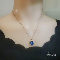 Rose Gold Blue Sapphire Necklace 4.5 CT Oval Royal Blue Gemstone Gemstone Halo Sterling Silver Pendant September Birthstone #745