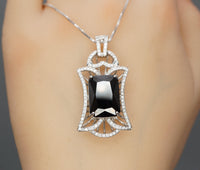 Large Black Cubic Zirconia Necklace - Sterling Silver Black Protective Gemstone Jewelry 18KGP Royal Flower Rectangle CZ Pendant 1028