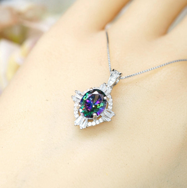 Small rainbow mystic topaz necklace sterling silver made with white gold coated Gemstone style oval cut 16" ~20" adjustable chain #193