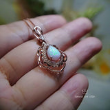 Large Opal Necklace - Rose Gold Coated 925 Sterling Silver Flower Leaf style - Teardrop Opal Pendant #608