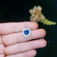 Blue Sapphire Heart Necklace - Double Halo Gemstone Sapphire Pendant - Sterling Silver White Gold Plated 1.8 CT Blue Gemstone Jewelry #389