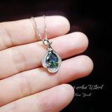 Mystic Topaz Necklace Sterling Silver Flower Petal Pendant White Gold plated Teardrop Rainbow Gemstone #284