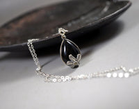 Sterling Silver Black Onyx Necklace - Tiny Teardrop Black Stone Pendant - Black Agate Root Chakra Healing Necklace 1053