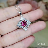 Diamond Style Red Ruby Necklace White Gold Plated Sterling Silver 1.7 CT Red Gemstone Pendant July Birthstone 1035