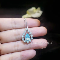 Aquamarine Necklace, Sterling Silver Blue Aquamarine Pendant Gemstone Halo Teardrop Blue Aquamarine Jewelry - March Birthstone - 18kgp #47