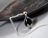 Sterling Silver Black Onyx Necklace - Tiny Teardrop Black Stone Pendant - Black Agate Root Chakra Healing Necklace 1053