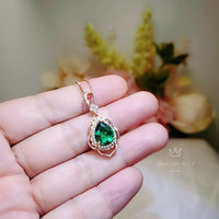 Teardrop Emerald Necklace Rose Gold Diamond Feather Leaf Green Gems Pendant Sterling Silver Pear Emerald Jewelry May Birthstone 2.75 CT #544