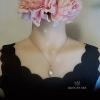 Large Opal Necklace - Rose Gold Coated 925 Sterling Silver Flower Leaf style - Teardrop Opal Pendant #608
