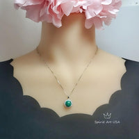 Genuine Malachite Necklace - High Quality Dainty Sterling Silver Princess Diana Style Gemstone Sunflower Style Natural Malachite #359