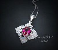 Diamond Style Red Ruby Necklace White Gold Plated Sterling Silver 1.7 CT Red Gemstone Pendant July Birthstone 1035