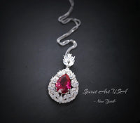 Large Teardrop Ruby Necklace - 3 CT Red Ruby Pendant - Gemstone Petal Flower - Wheat Style Necklace - 18KGP @ Sterling Silver #895