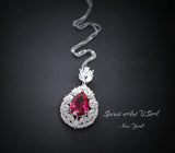 Large Teardrop Ruby Necklace - 3 CT Red Ruby Pendant - Gemstone Petal Flower - Wheat Style Necklace - 18KGP @ Sterling Silver #895
