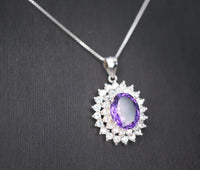 Large Genuine Amethyst Necklace - Sterling Silver Two Layer Cubic Zirconia - February Birthstone - Halo 3 CT Natural Amethyst Pendant 1116