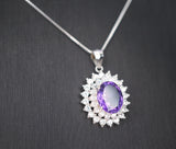 Large Genuine Amethyst Necklace - Sterling Silver Two Layer Cubic Zirconia - February Birthstone - Halo 3 CT Natural Amethyst Pendant 1116