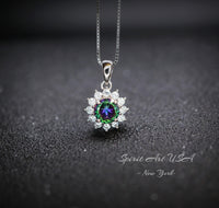 Tiny Sunflower Mystic Topaz Necklace - Gemstone Surround Princess Diana Style Minimalist Rainbow Mystic Topaz Pendant 035