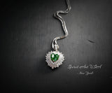 Double Halo Emerald Heart Necklace - Full Sterling Silver - May Birthstone - Tiny Green Gemstone Emerald Jewelry -18KGP #294
