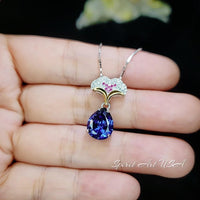 Pear Tanzanite Necklace - Ginkgo biloba 18KGP Sterling Silver - Large Teardrop 3.5 CT Tanzanite Pendant - Gemstone Leaf Jewelry #823