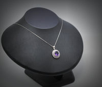 Large Genuine Amethyst Necklace - Sterling Silver Two Layer Cubic Zirconia - February Birthstone - Halo 3 CT Natural Amethyst Pendant 1116