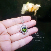 Sterling Silver Large Peridot Necklace , Green Flower of Life Necklace - Oval Cut 4.1 Ct Lab Green Peridot Flower Pendant #545