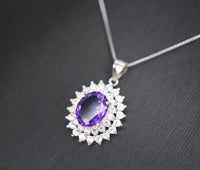 Large Genuine Amethyst Necklace - Sterling Silver Two Layer Cubic Zirconia - February Birthstone - Halo 3 CT Natural Amethyst Pendant 1116