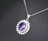Large Genuine Amethyst Necklace - Sterling Silver Two Layer Cubic Zirconia - February Birthstone - Halo 3 CT Natural Amethyst Pendant 1116