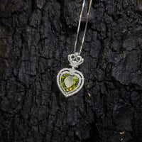 Large Green Peridot Heart Necklace - Full Sterling Silver Made Double Halo Green Heart Peridot Pendant #840