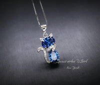 Cat Blue Sapphire Necklace, Kitty Cat Blue Sapphire Pendant Gemstone White Gold Plated Sterling Silver Pets Lover Jewelry #219