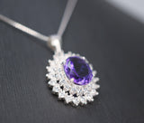 Large Genuine Amethyst Necklace - Sterling Silver Two Layer Cubic Zirconia - February Birthstone - Halo 3 CT Natural Amethyst Pendant 1116