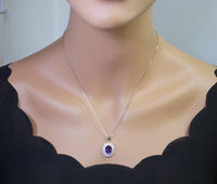 Large Genuine Amethyst Necklace - Sterling Silver Two Layer Cubic Zirconia - February Birthstone - Halo 3 CT Natural Amethyst Pendant 1116