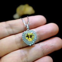 Created Yellow Moissanite Diamond Necklace - Double Halo Heart Necklace - Yellow Gemstone Pendant - 18kGP & 925 Sterling Silver 1094