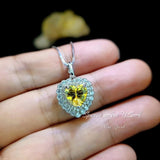 Created Yellow Moissanite Diamond Necklace - Double Halo Heart Necklace - Yellow Gemstone Pendant - 18kGP & 925 Sterling Silver 1094