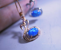 Blue Opal Necklace, Sterling Silver Fire Opal Couple Swan Pendant, Tiny Rose Gold Over Sterling Silver Bird Jewelry 1060