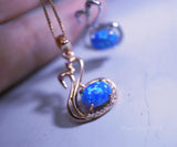 Blue Opal Necklace, Sterling Silver Fire Opal Couple Swan Pendant, Tiny Rose Gold Over Sterling Silver Bird Jewelry 1060
