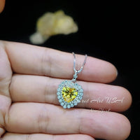 Created Yellow Moissanite Diamond Necklace - Double Halo Heart Necklace - Yellow Gemstone Pendant - 18kGP & 925 Sterling Silver 1094