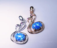 Blue Opal Necklace, Sterling Silver Fire Opal Couple Swan Pendant, Tiny Rose Gold Over Sterling Silver Bird Jewelry 1060