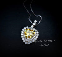 Created Yellow Moissanite Diamond Necklace - Double Halo Heart Necklace - Yellow Gemstone Pendant - 18kGP & 925 Sterling Silver 1094